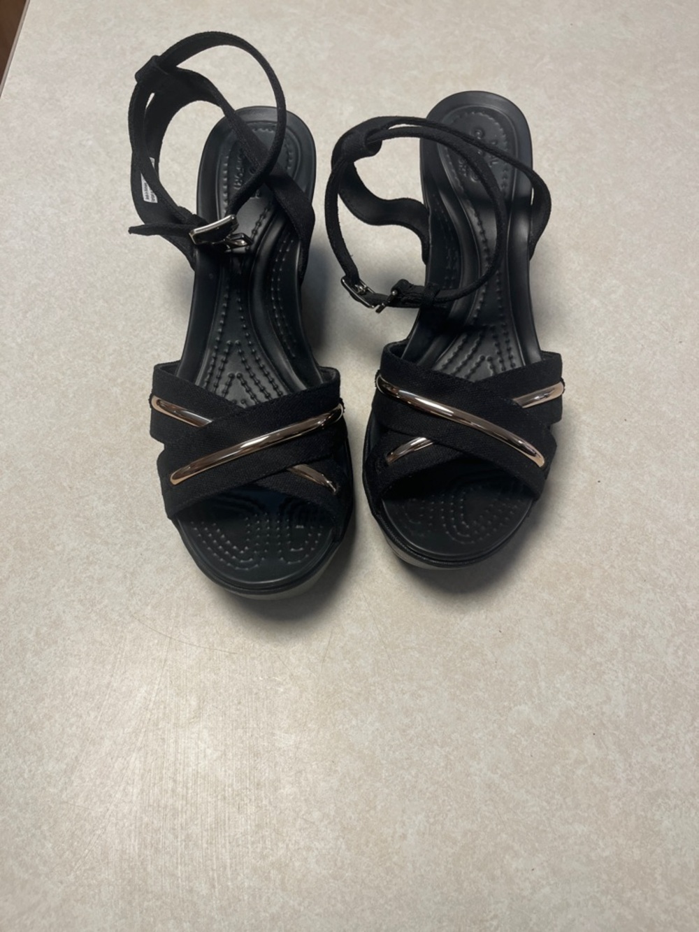 Black Canvas  Crocs Sandals with Gold/ Silver metallic Accent.